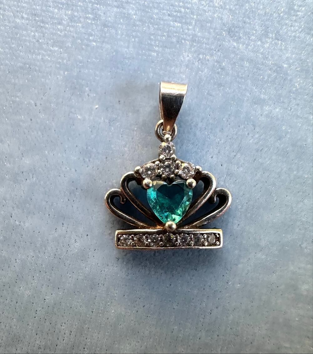 Vintage 925 Sterling Silver Crown Heart Pendant Blue Topaz Clear CZ Royalty